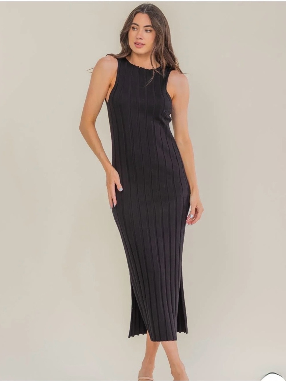 All:Row Sleeveless Ribbed Bodycon Black Maxi Dress with Side Slit - Picture 2 of 4